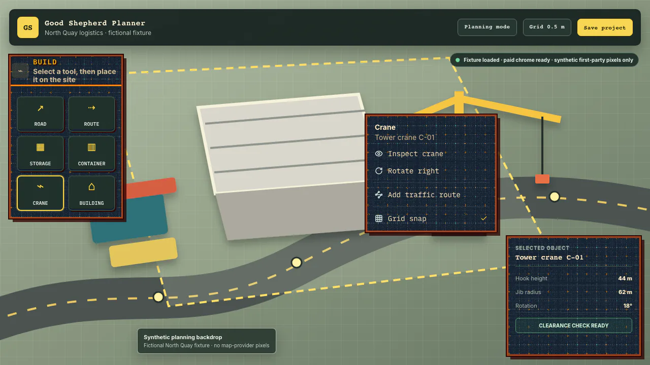 Synthetic first-party capture of the current paid planner interface with fictional construction logistics
